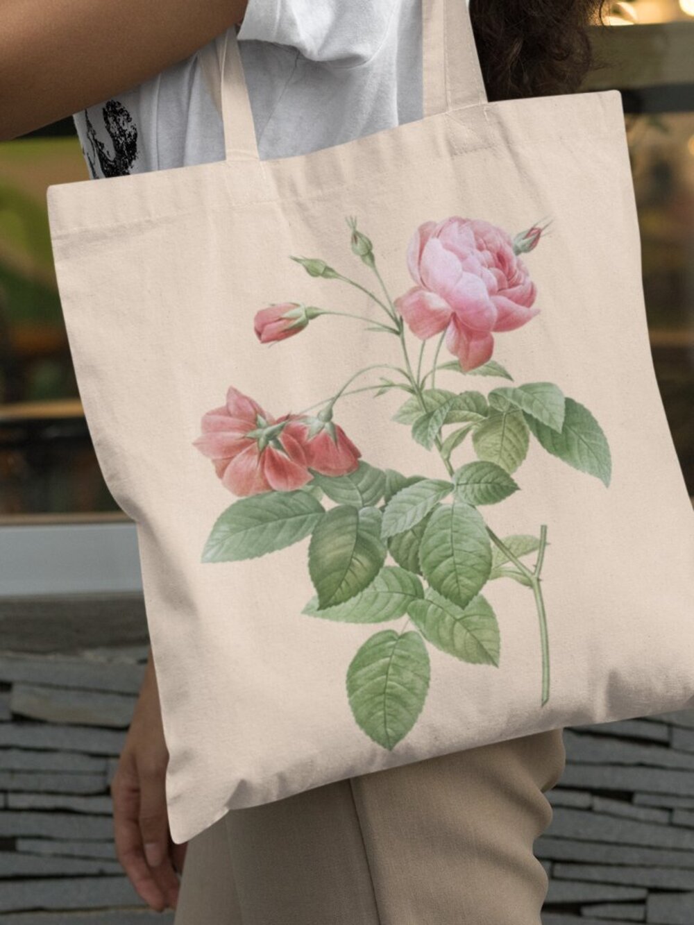 Boursault Rose Vintage Floral Print Graphic Canvas Tote Bag